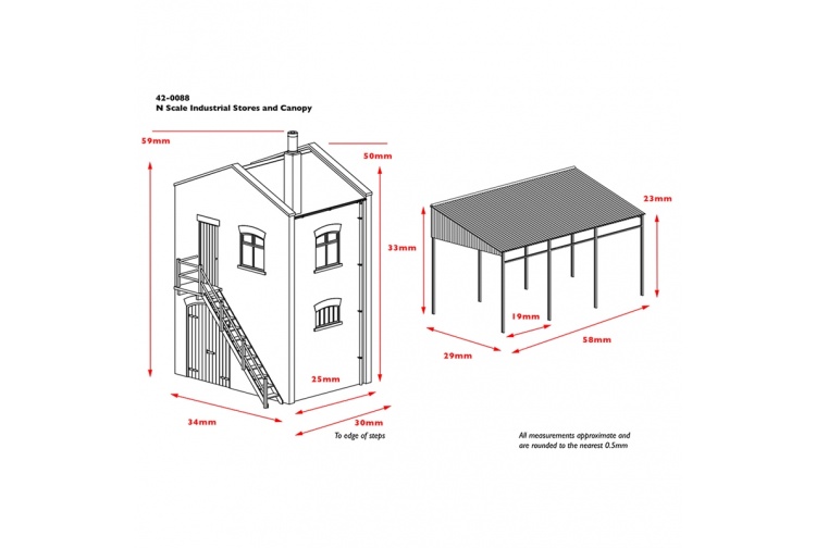 Bachmann Scenecraft 42-0088 Industrial Store and canopy dimensions